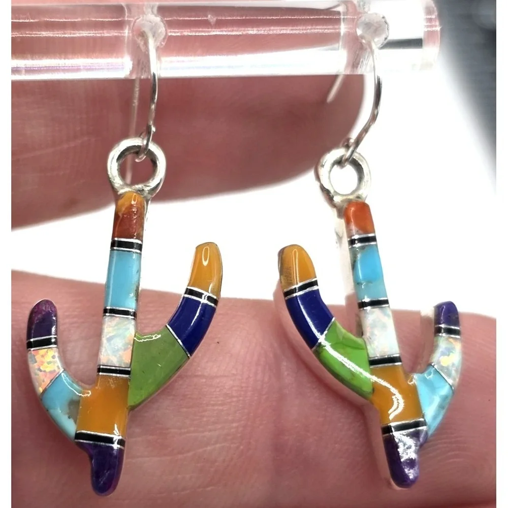 Multi-Gemstone Cacti Earrings Sterling Silver Inlays 0.94" Handmade Signed NEW - Picture 4 of 13